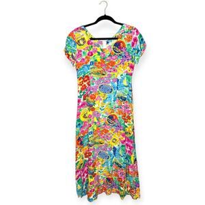 Jams World 2000's colorful dress midi length flowers and hotels short sleeves S